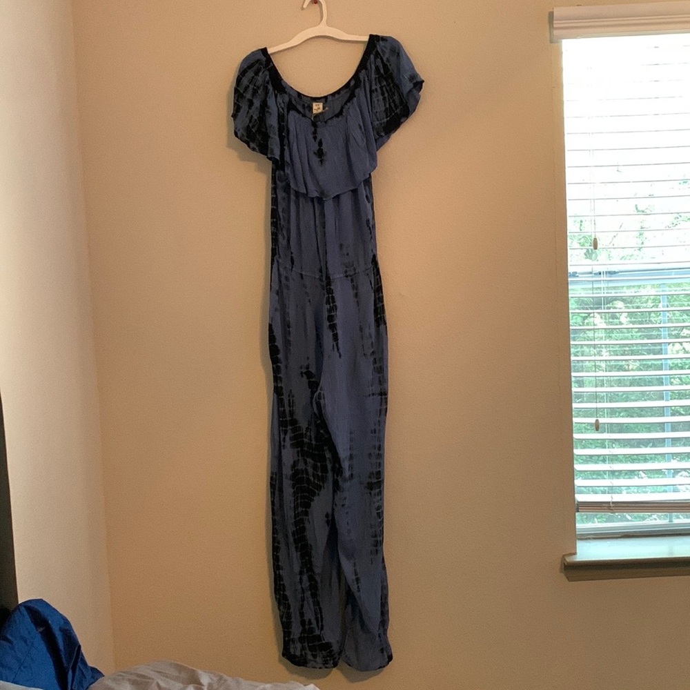 Textured Tie Dye Blue and Black Off the shoulderJumpsuit
